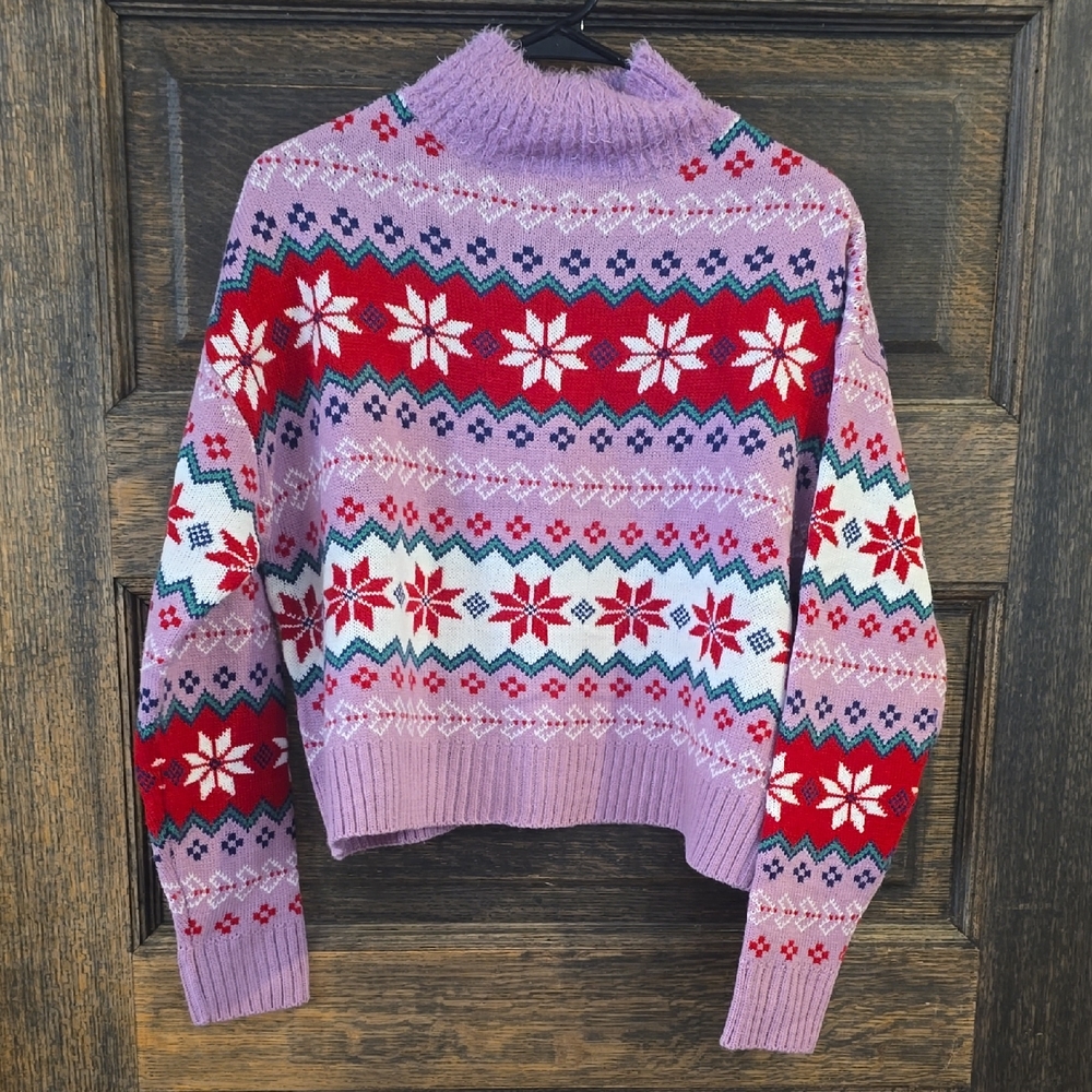 Vibrant Red and Purple Women's Turtleneck Sweater